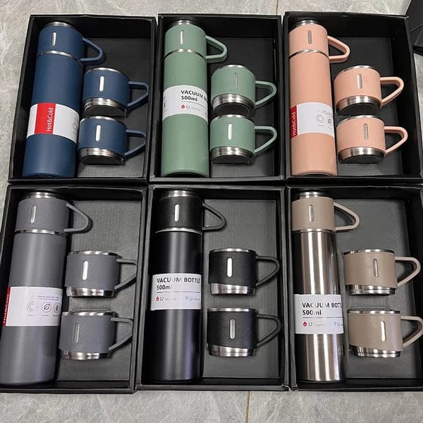 3 Cup Double-Layer Stainless Steel Vacuum Flask Set Random colour - Click Mart